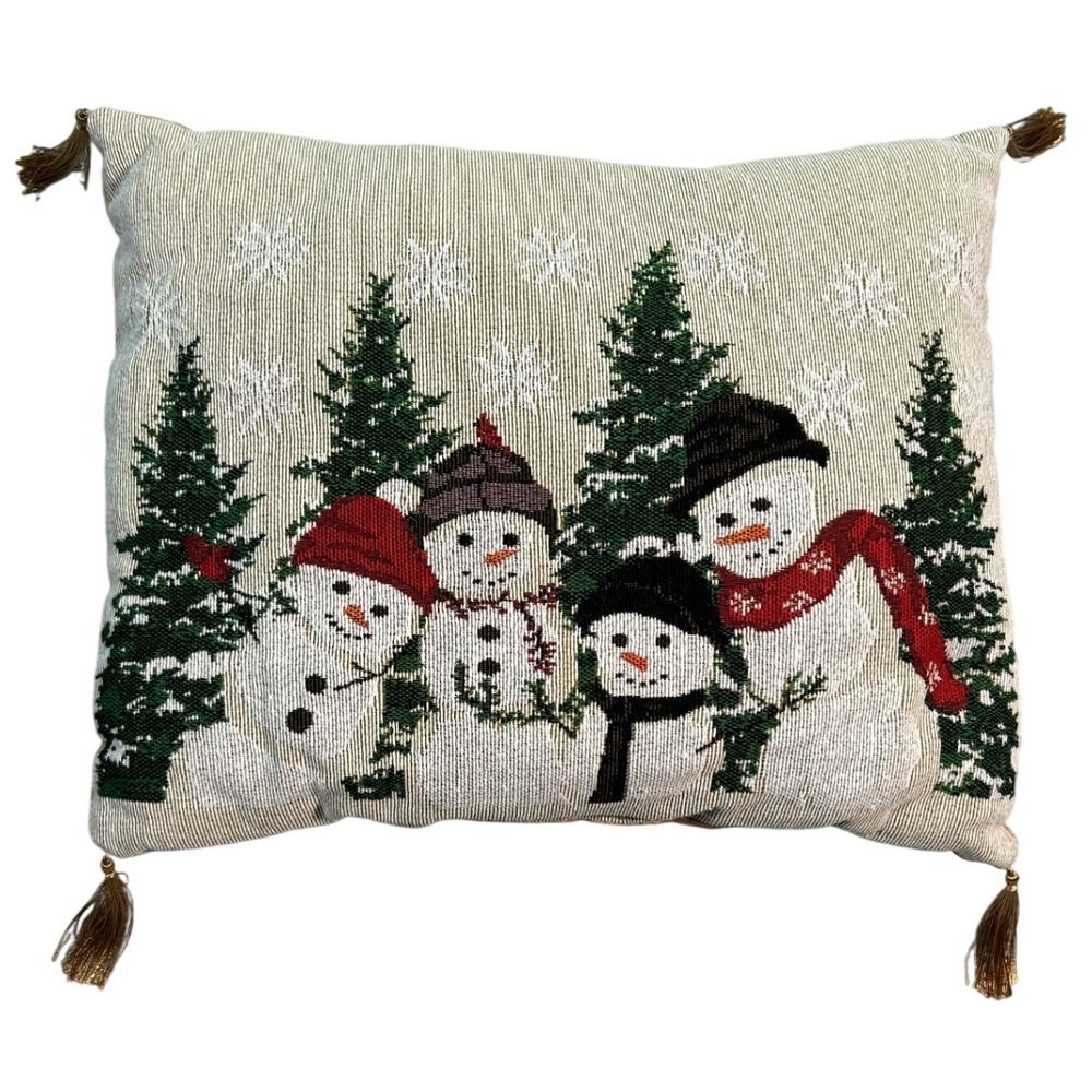 Christmas Snowmen Family Throw Pillow Tapestry Tassels Holiday Decor Snowflakes